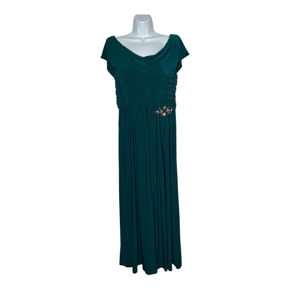 Patra Dress Womens 12P Green Ruched Cowl Neck Rhinestone Maxi Formal Gown